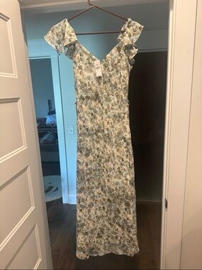 LOFT Sage and Cream Floral Ruffle-Sleeve Maxi Dress